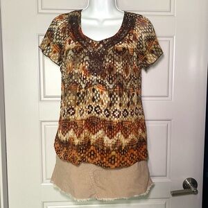 Sara Michelle Brown and Orange Flutter Sleeve Graphic Blouse
